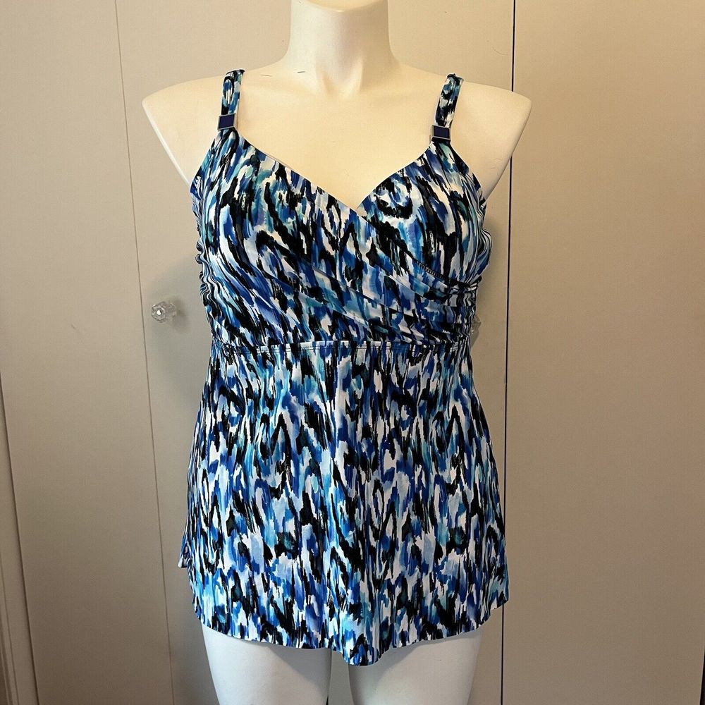 Miraclesuit Tankini Swimsuit Swim Top Slimming UW Blue Black White Sz 38D